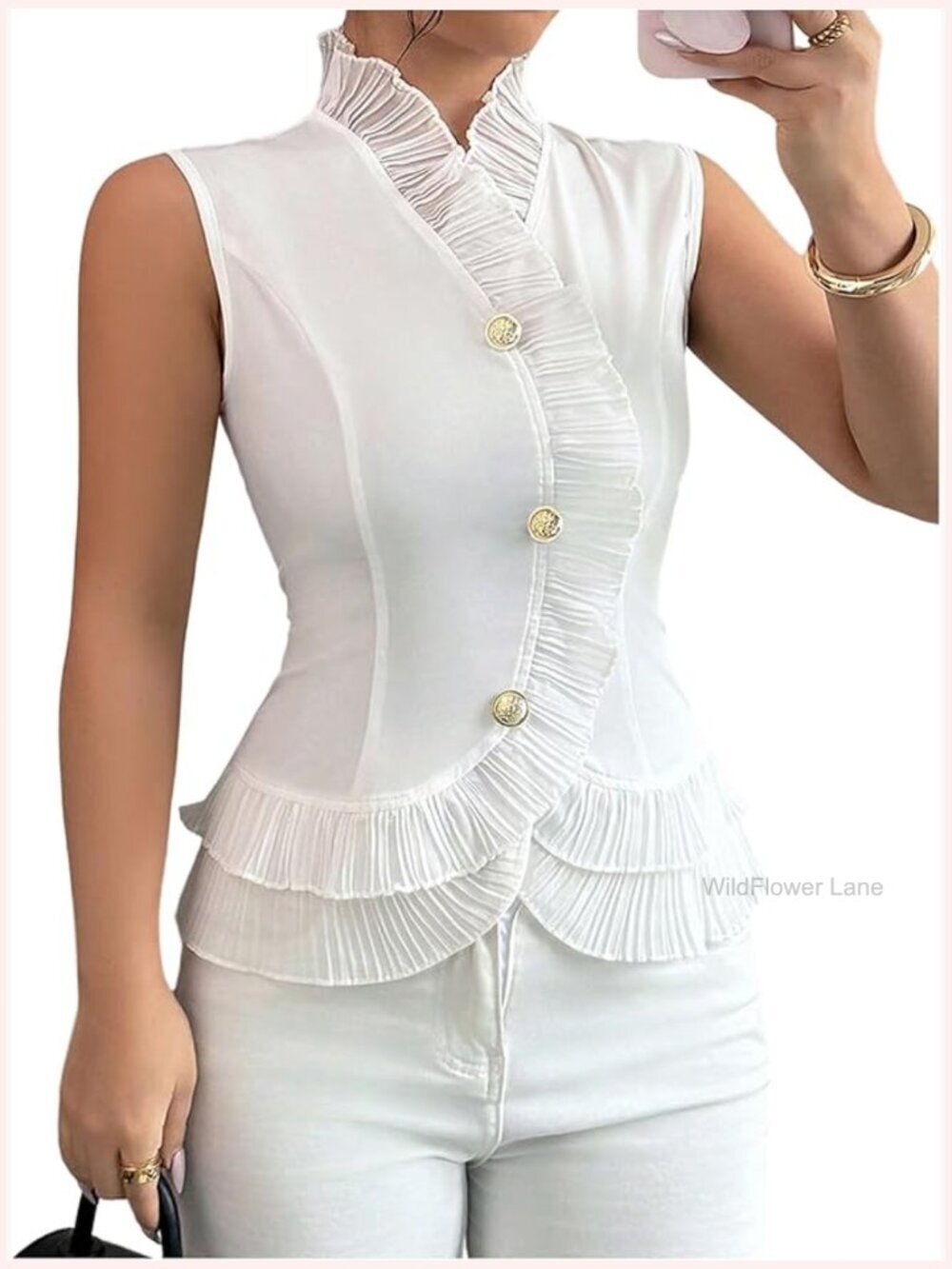 Ruffle Button Down Blouse Mock Neck Sleeveless Work Office Top